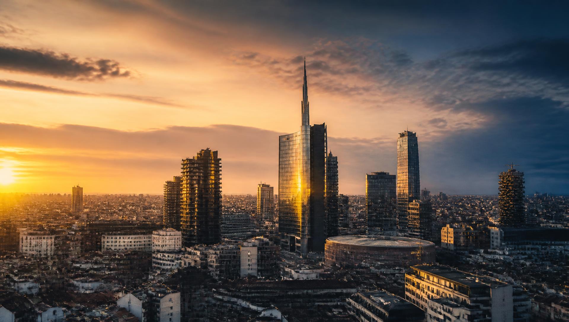 Vista panoramica di Milano al tramonto con grattacieli moderni